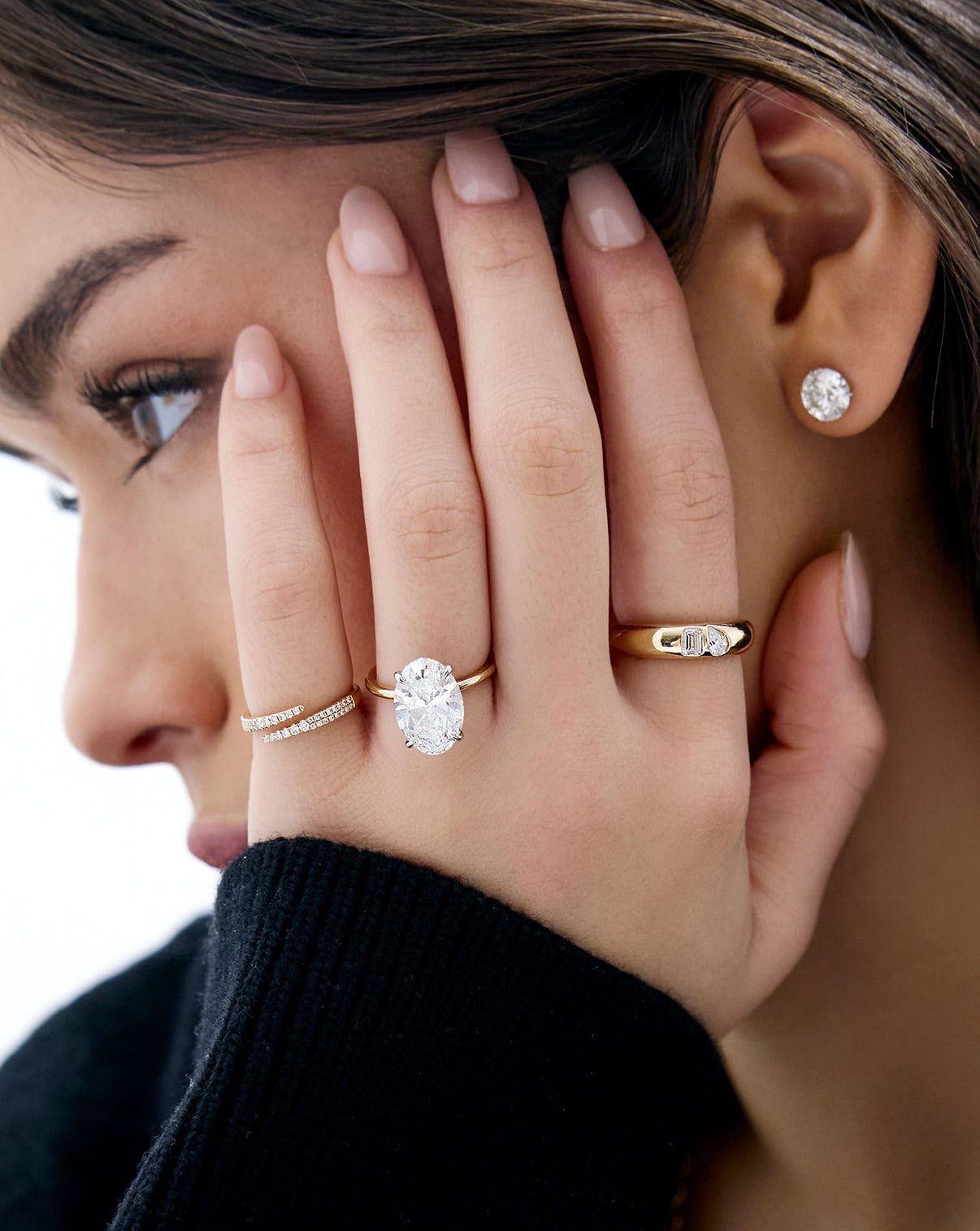 on-model image of lab diamond duo ring styled with other rings GLOBAL