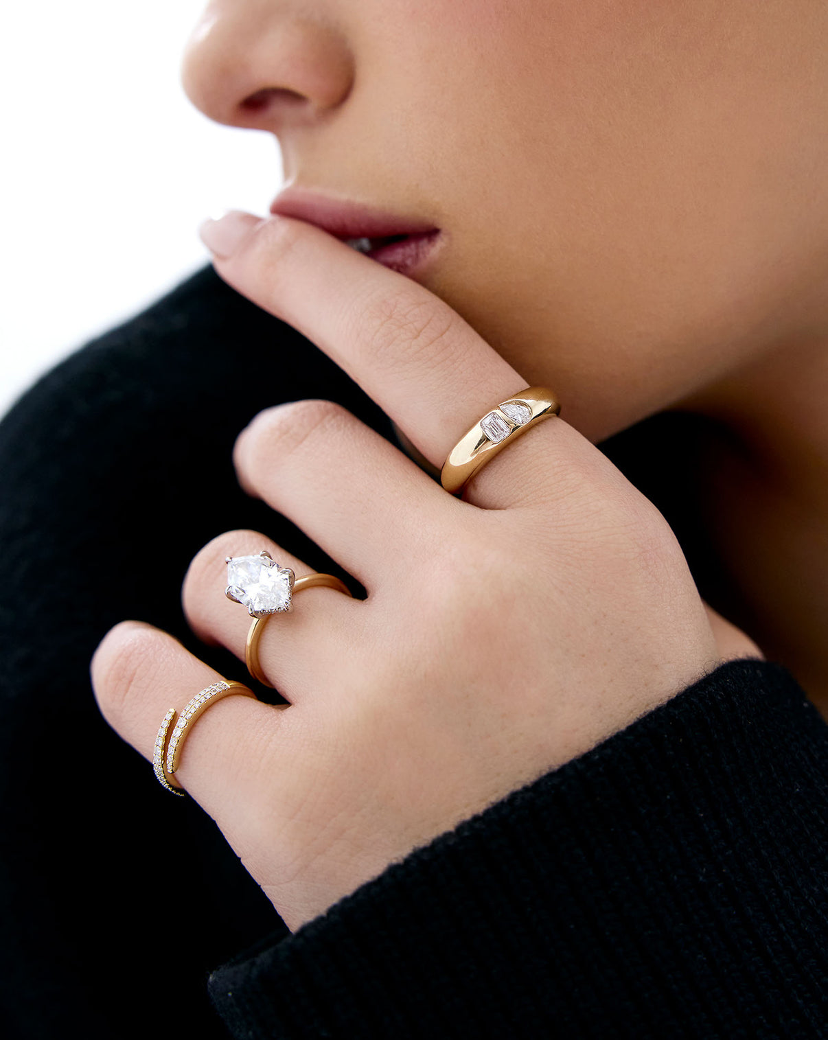 on-model image of lab diamond duo ring in focus GLOBAL