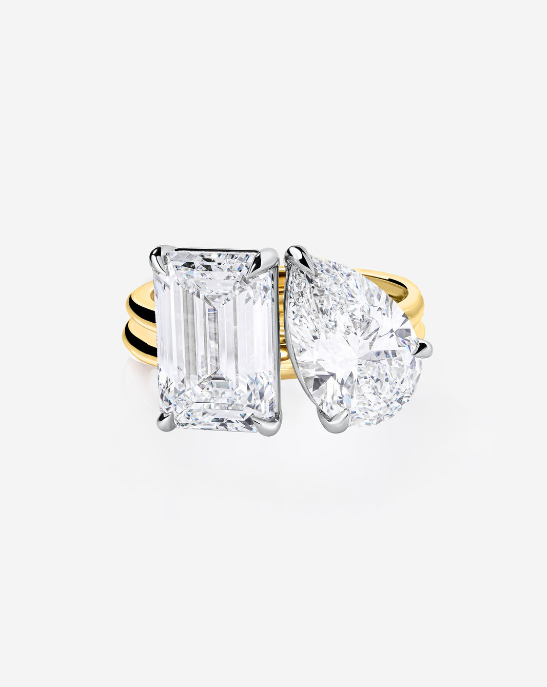 Stacked 5.21 Carat Emerald & Pear Whisper Thin® Duet diamond engagement ring in 14K Yellow Gold