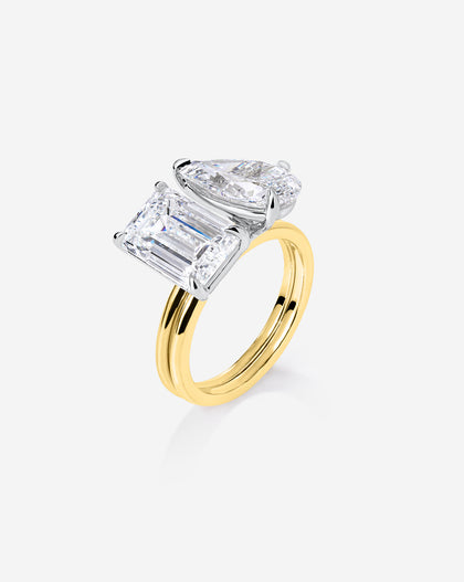 Stacked 5.21 Carat Emerald & Pear Whisper Thin® Duet diamond engagement ring in 14K Yellow Gold side view