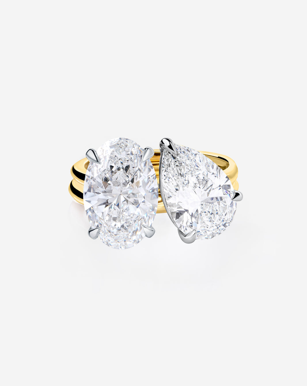 Stacked 4.70 Oval & Pear Whisper Thin® Duet diamond engagement ring in 14K Yellow Gold
