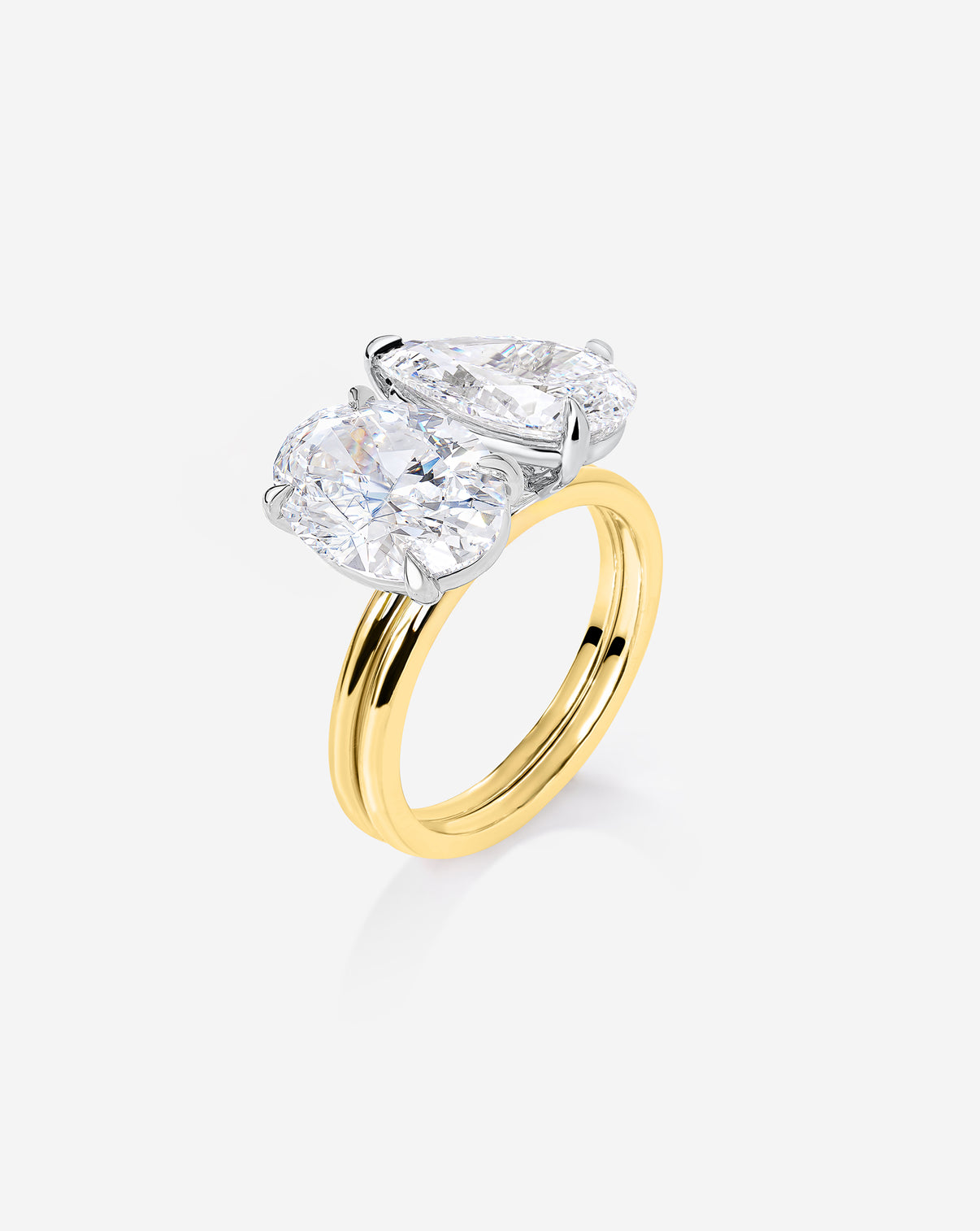 Stacked 4.70 Oval & Pear Whisper Thin® Duet diamond engagement ring in 14K Yellow Gold side view