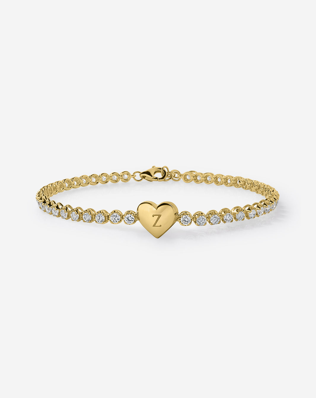 14K Yellow Gold Engravable Heart Lab Diamond Tennis Bracelet shown with an engraved letter Z