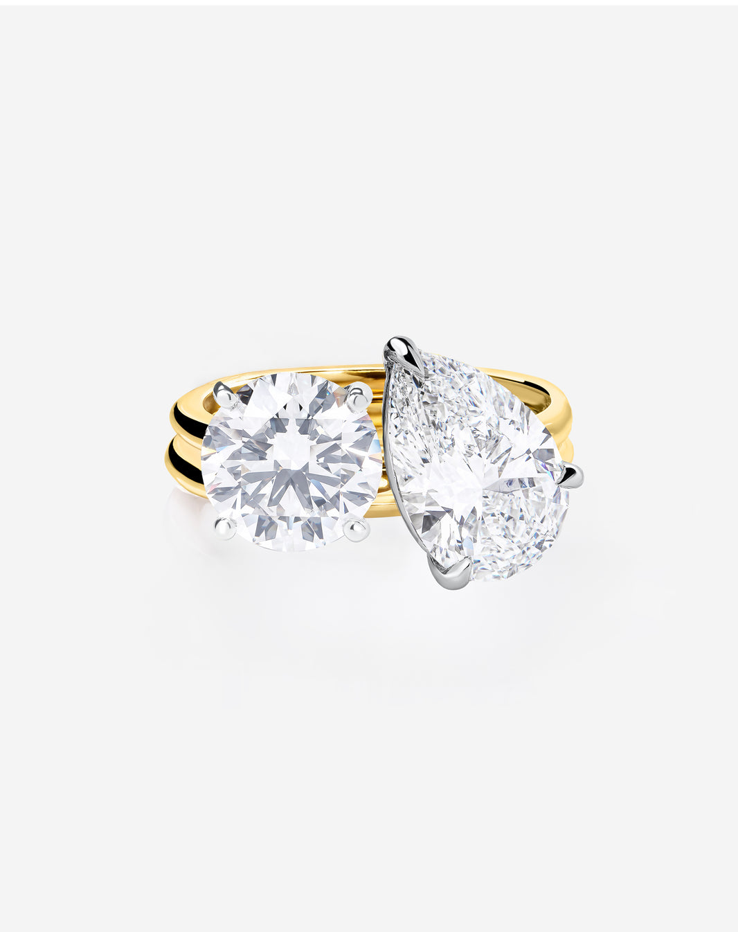 Stacked 4.74 Round & Pear Whisper Thin® Duet diamond engagement ring in 14K Yellow Gold