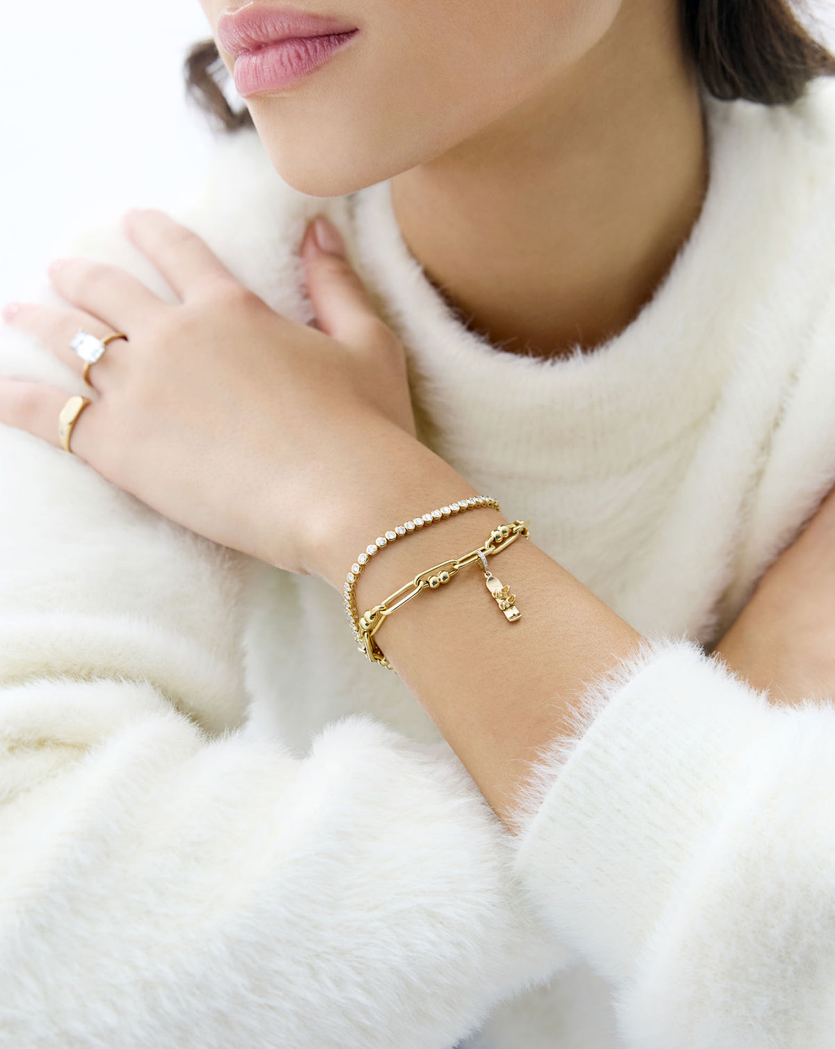 snowboard charm styled on-model with tennis bracelet