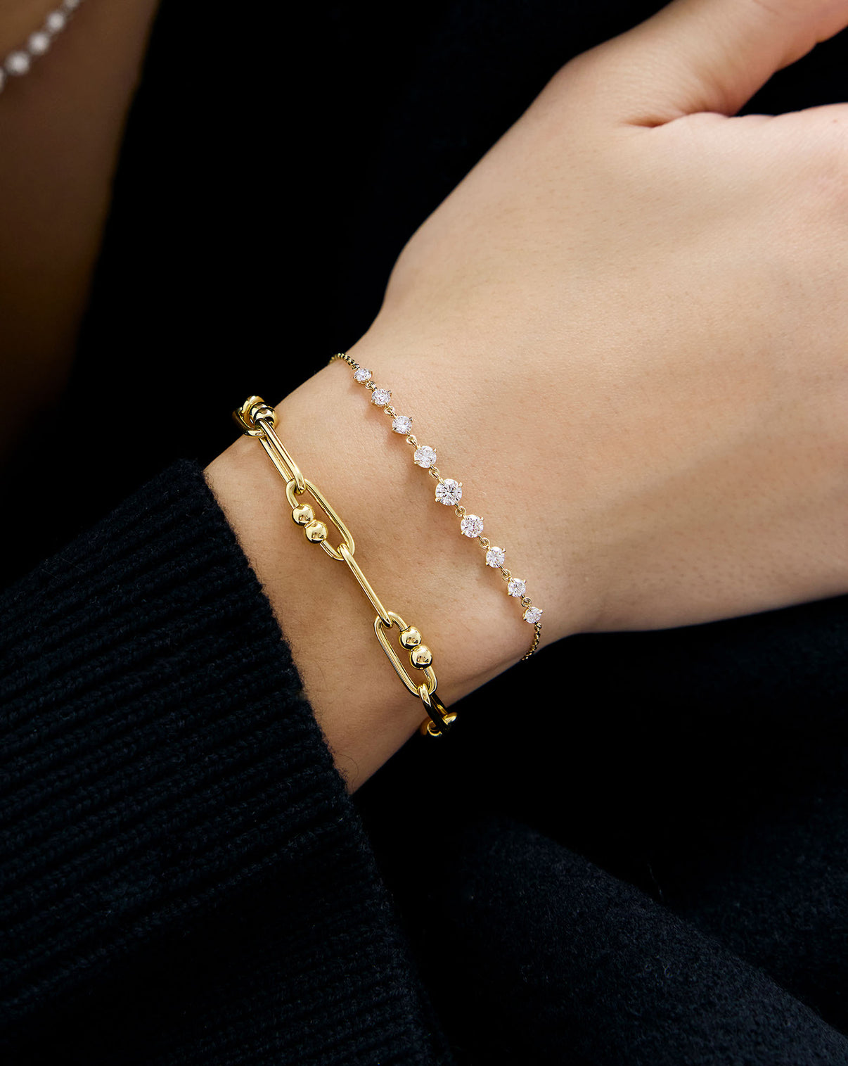 Starlight Lab Diamond Bar Bracelet in 14K Yellow Gold styled with a mixed link chain bracelet