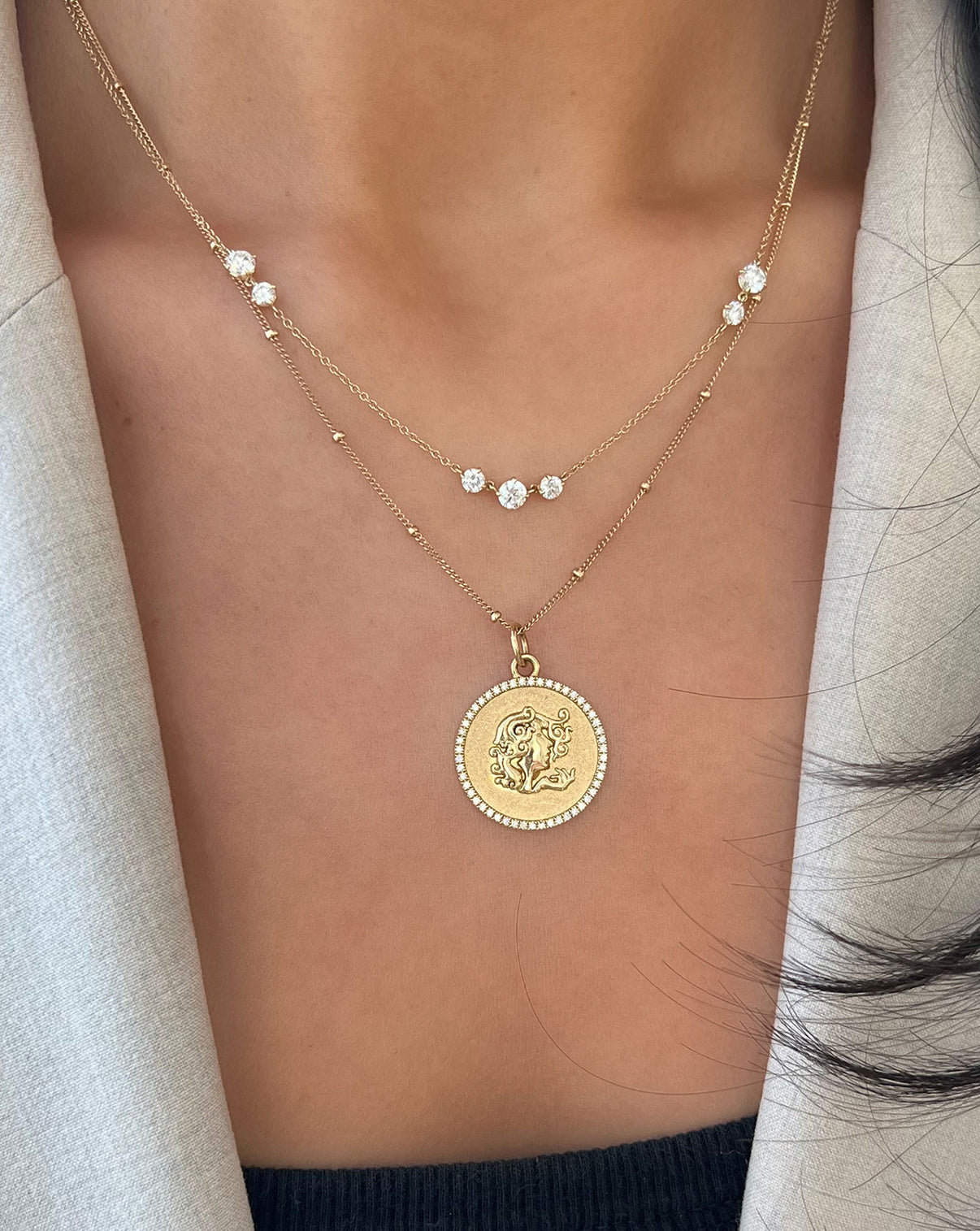 Starlight Lab Diamond Necklace in 14K Yellow Gold worn on model with a medallion necklace