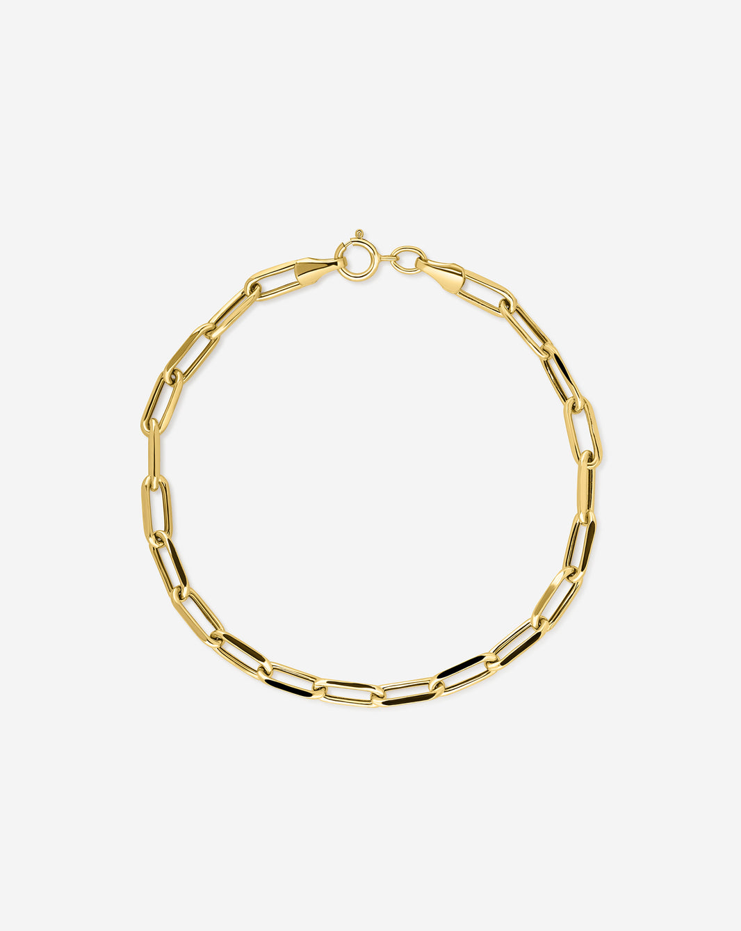 14k yellow gold Paperclip chain bracelet against white background