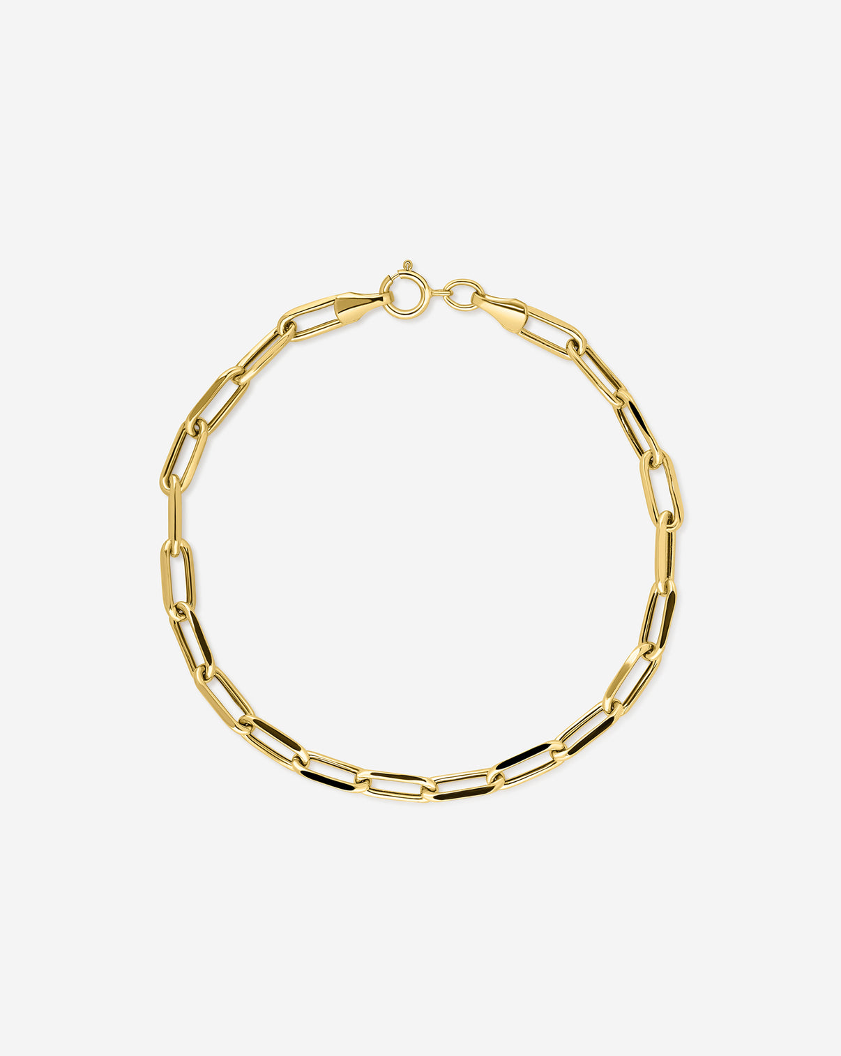 14k yellow gold Paperclip chain bracelet against white background