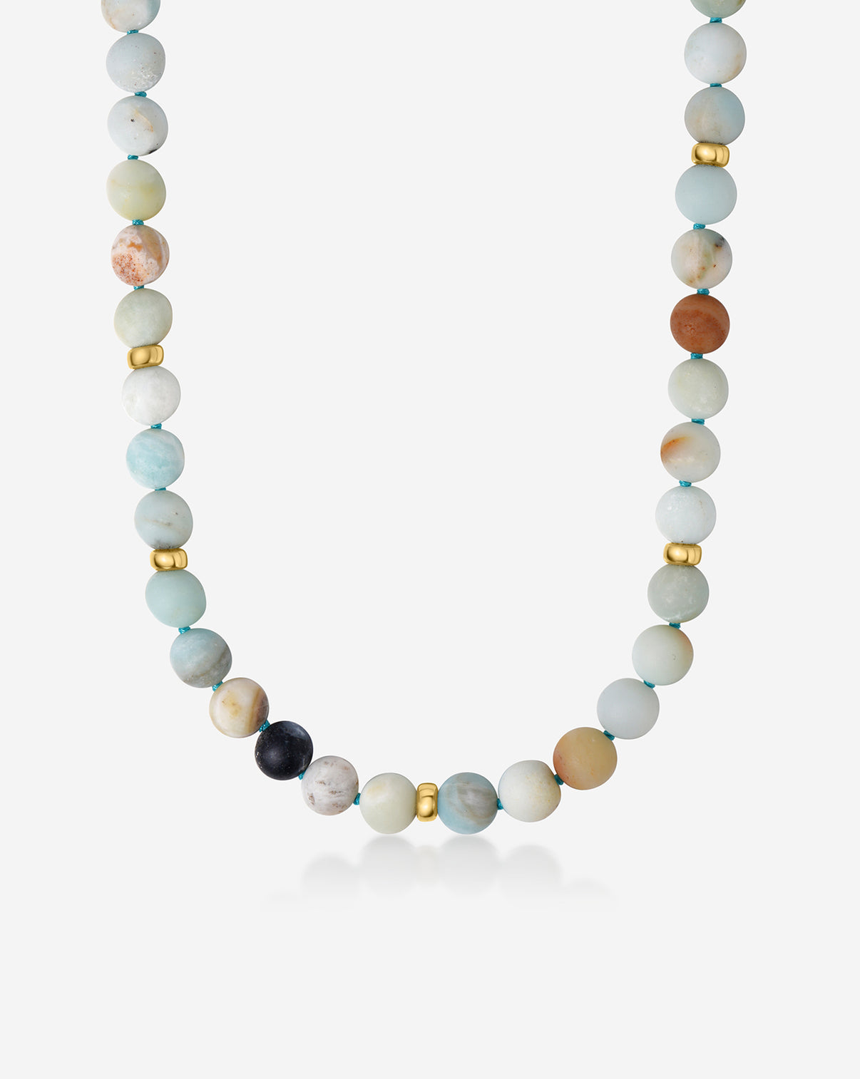 Ocean Spritz Necklace with blue-green amazonite beads and 18k gold vermeil accents on white background