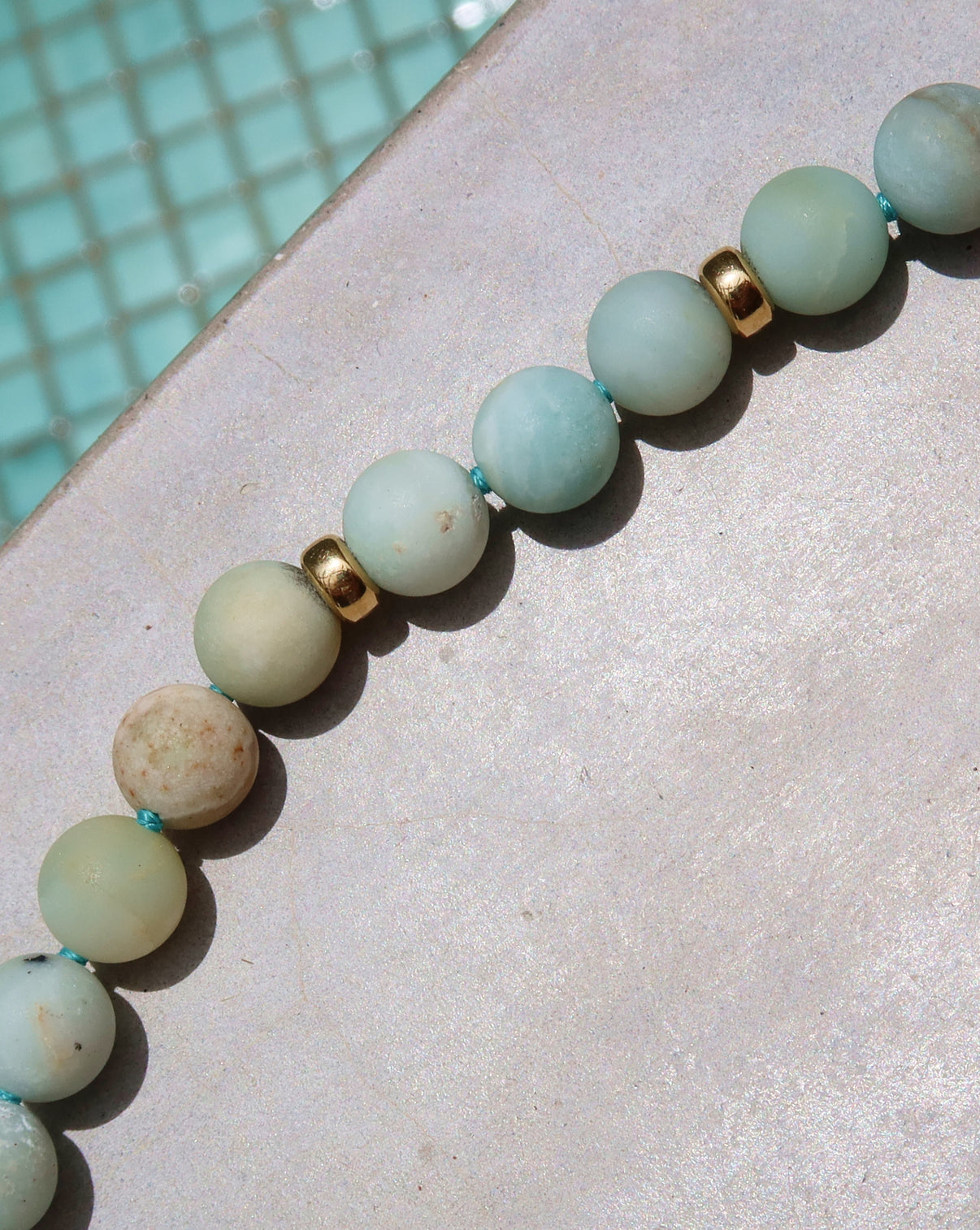 Close-up of Ocean Spritz Necklace showing amazonite bead clarity and natural blue-green coloring