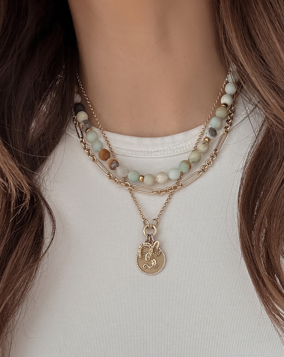 Ocean Spritz Necklace with blue-green amazonite beads and 18k gold vermeil accents on-model styled