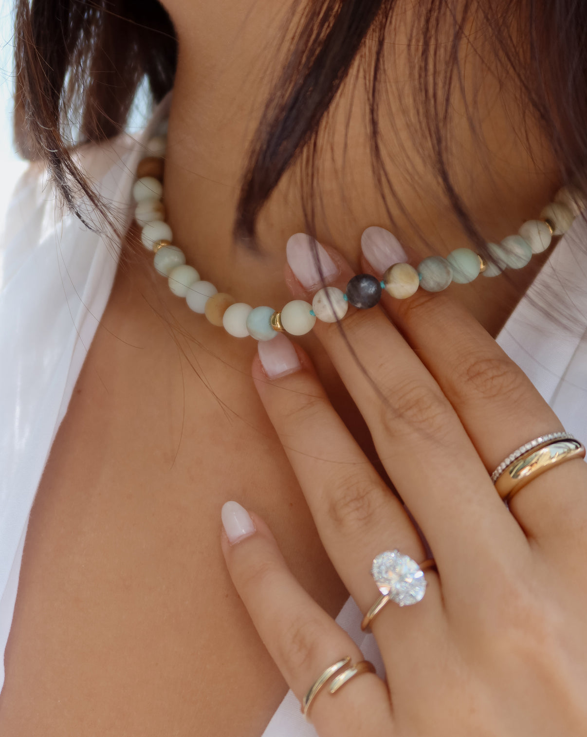 Ocean Spritz Necklace with blue-green amazonite beads and 18k gold vermeil accents on-model