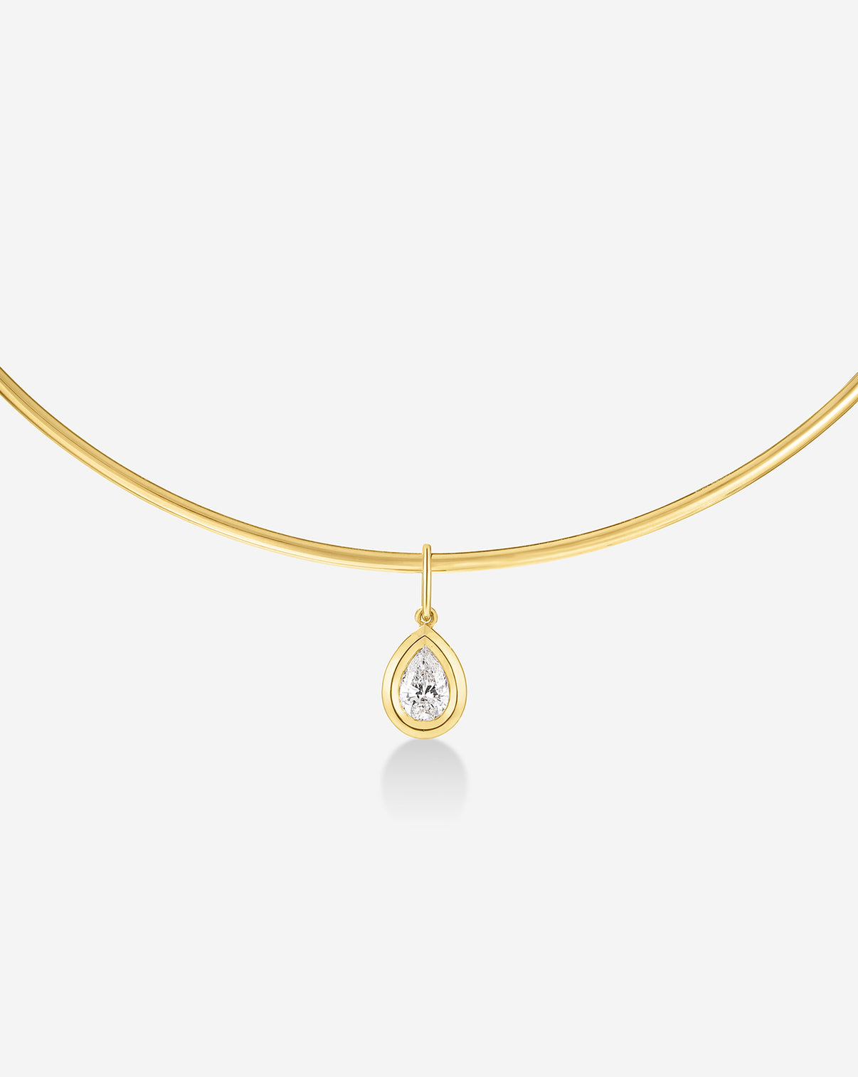 Lab grown pear diamond pendant shown with 14k gold gold collar necklace global