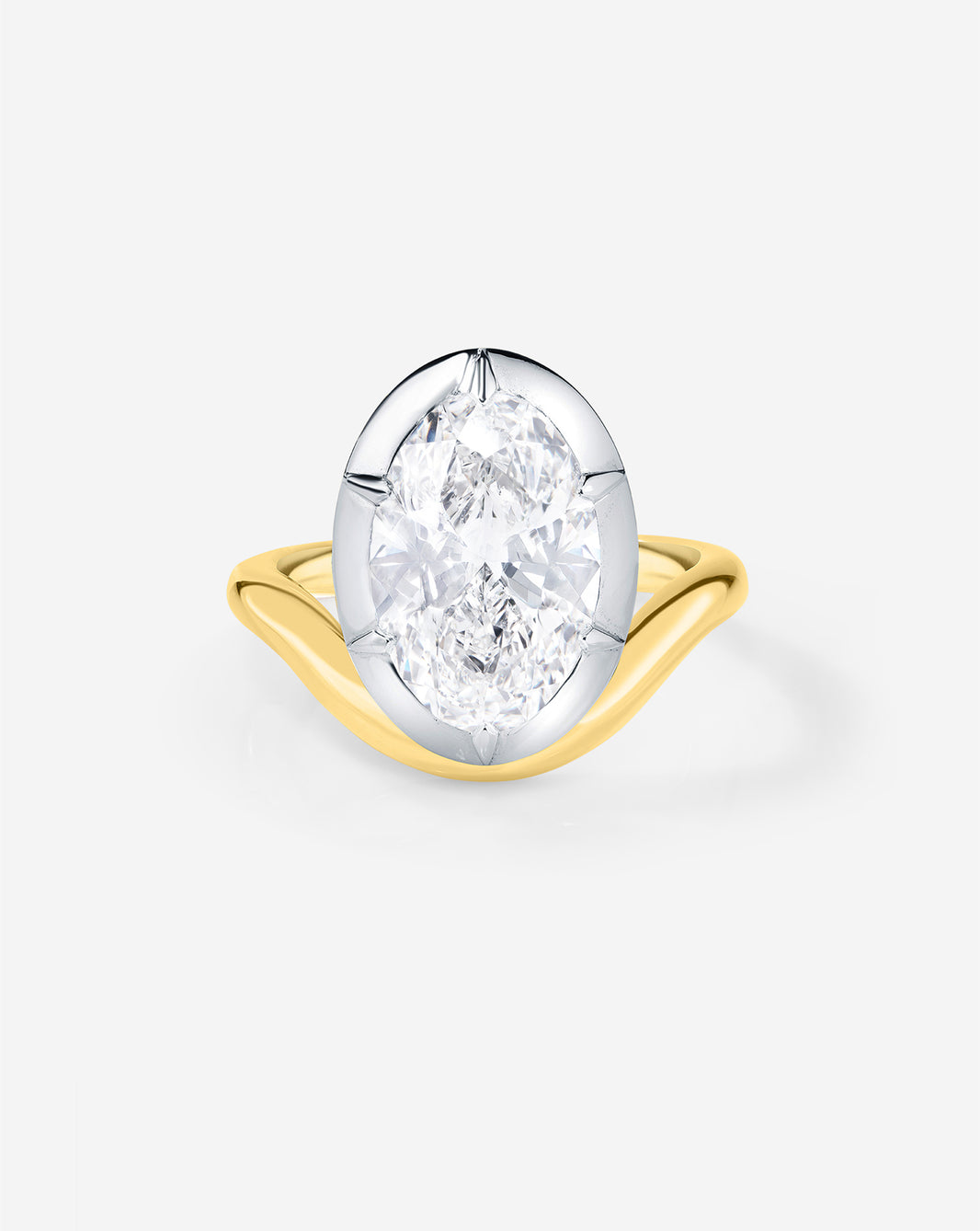 Front view of 3 Lab Grown Oval Curve Nest in Yellow Gold with Platinum Prongs