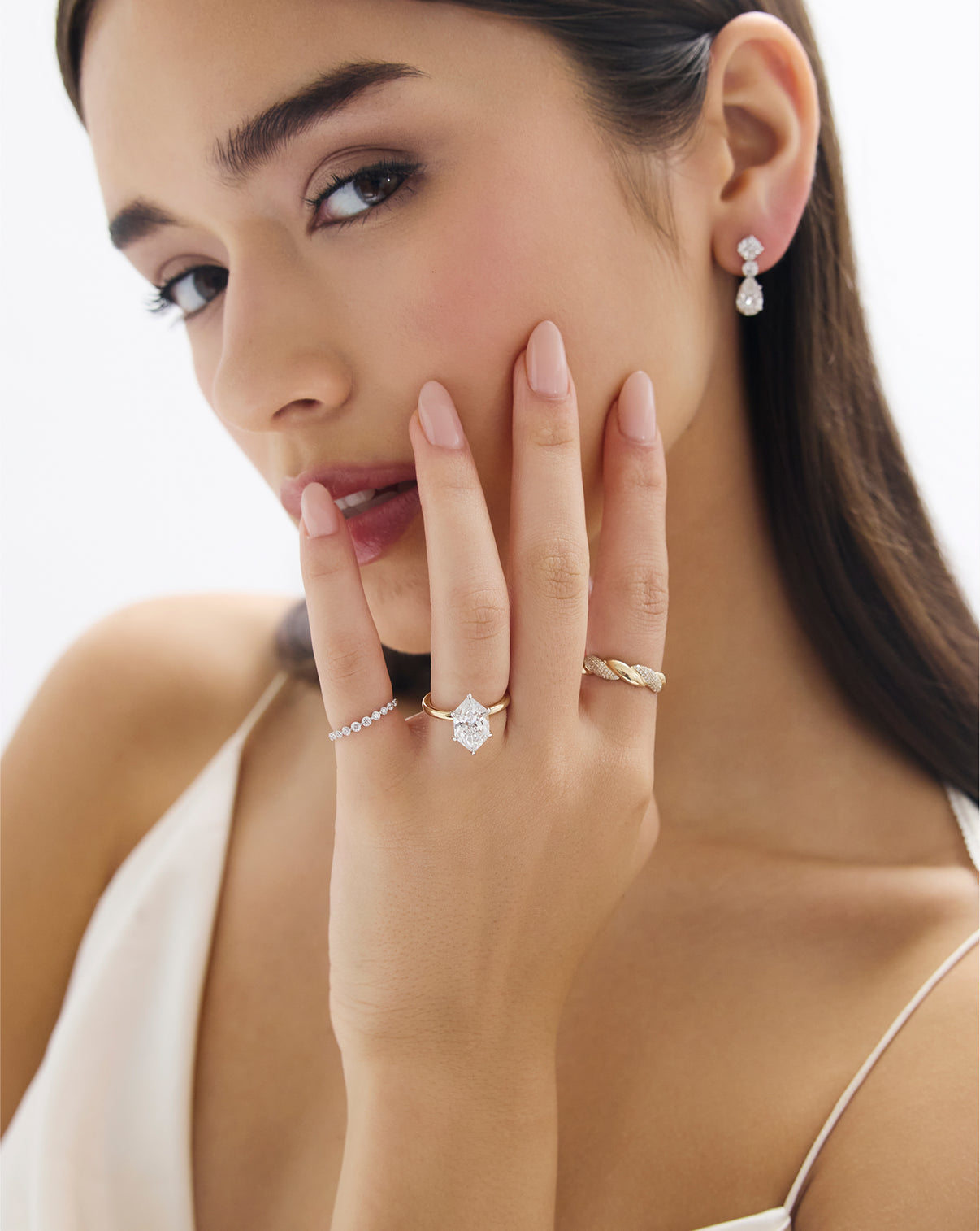 On model view of Duchess Lab Diamond in Cloud Solitaire in Yellow Gold with Fine Jewelry Rings