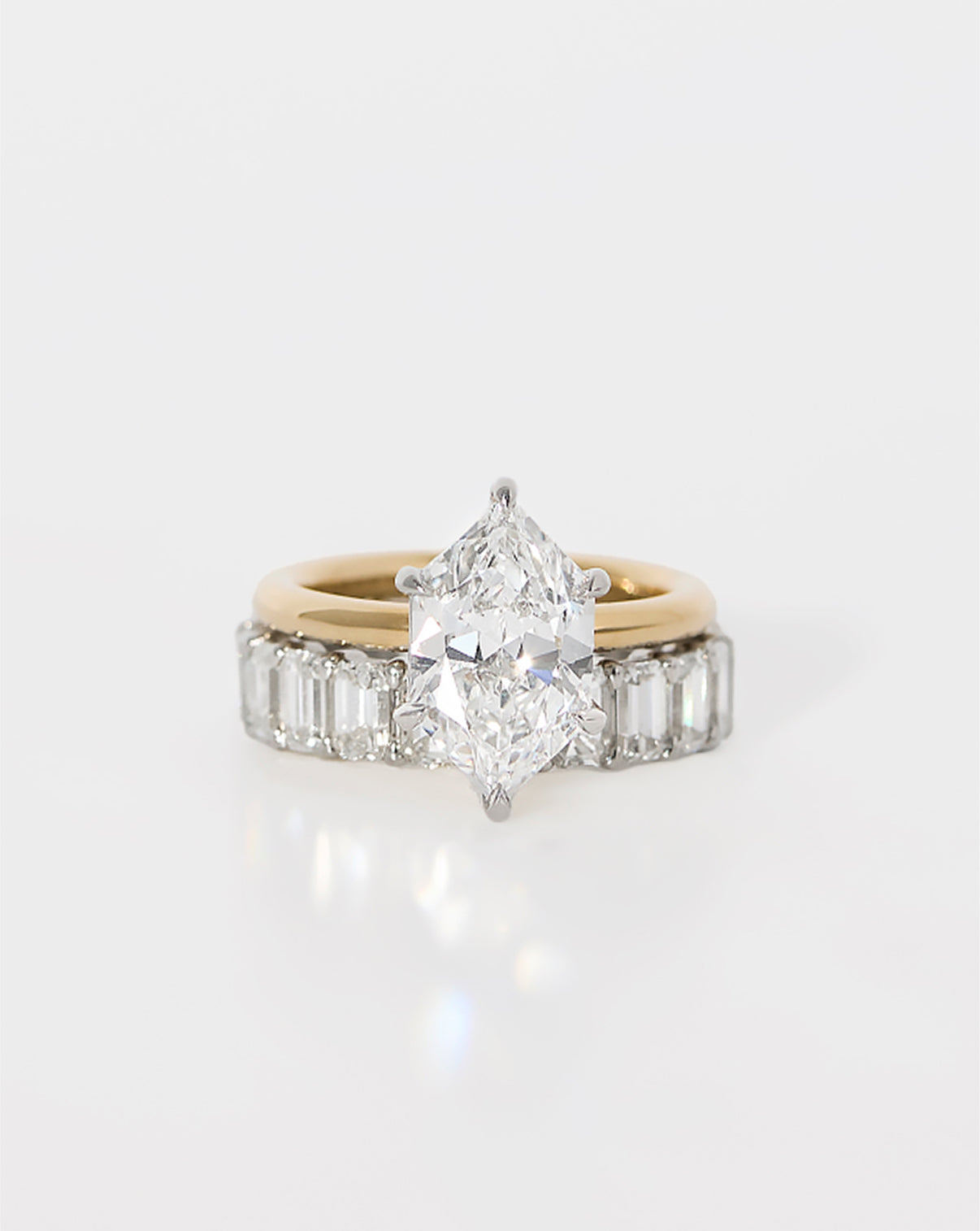 Duchess Diamond Engagement Ring in Cloud Solitaire Yellow Gold stacked with a diamond eternity wedding band