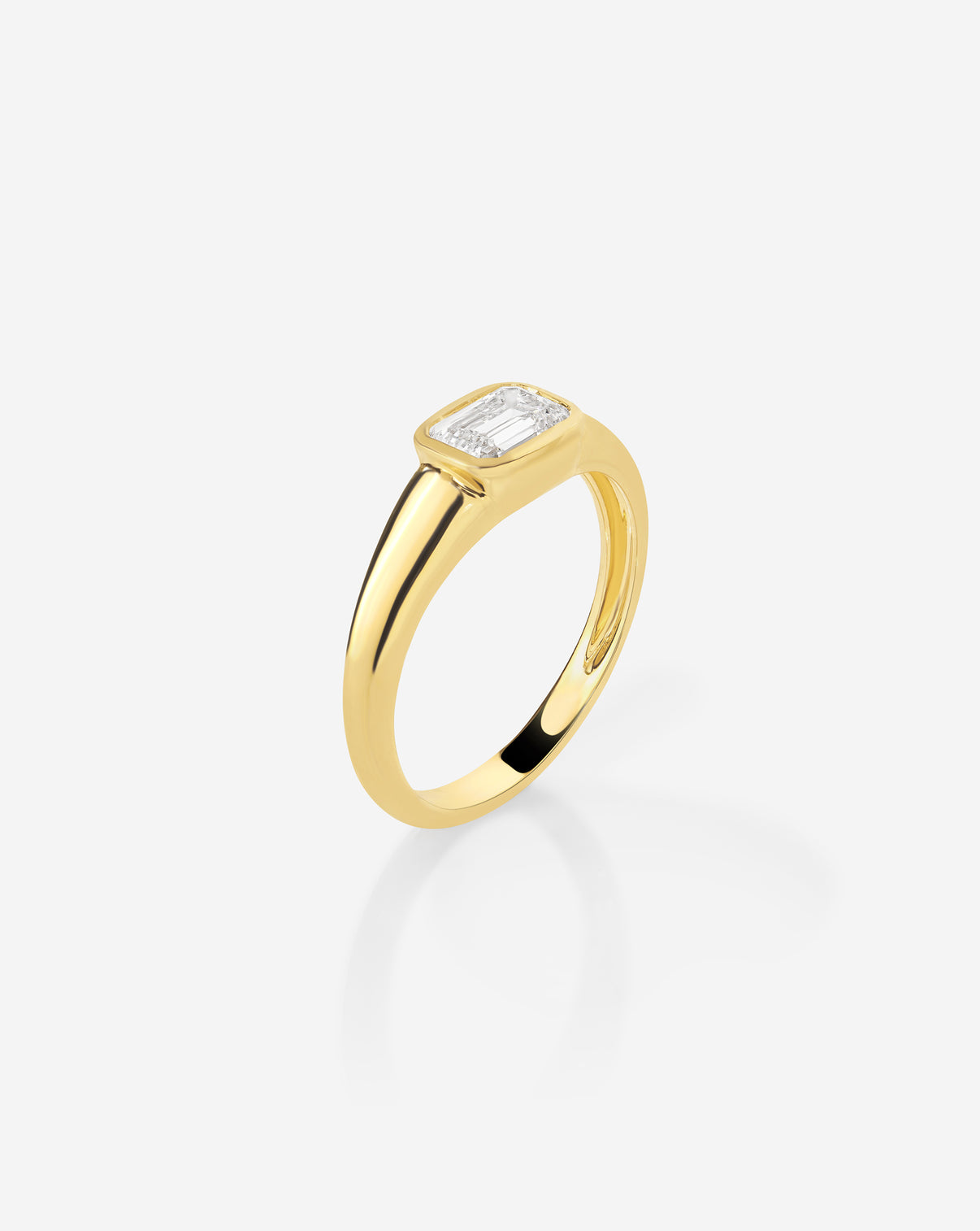 14k yellow gold belt buckle emerald cut lab diamond signet ring, side profile view showing tapered band and setting depth