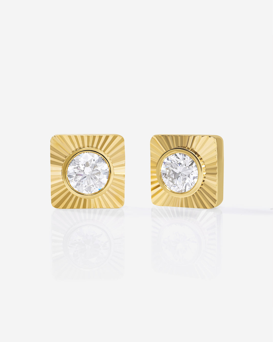14k yellow gold square bezel set round lab diamond stud earrings, approximately 1.0 ctw per pair, F-G color VS clarity, with pushback closure
