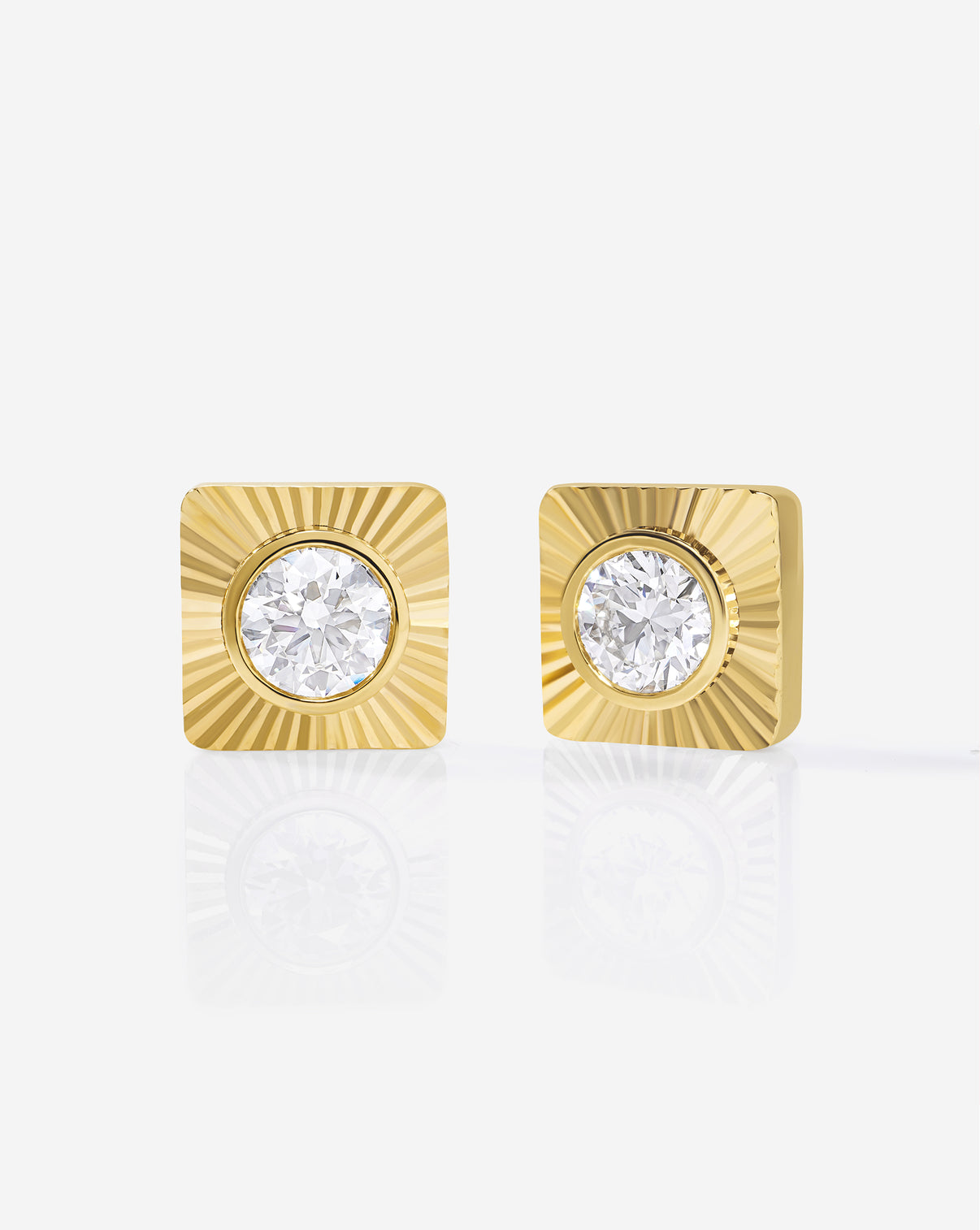 14k yellow gold square bezel set round lab diamond stud earrings, approximately 1.0 ctw per pair, F-G color VS clarity, with pushback closure