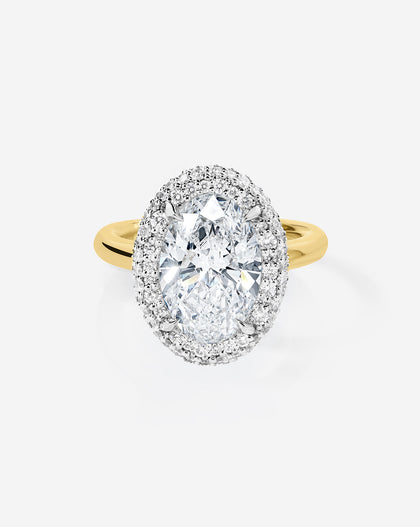 3.10 Oval Lab Diamond in Cloud Bezel with Pavé Halo in 14k yellow gold