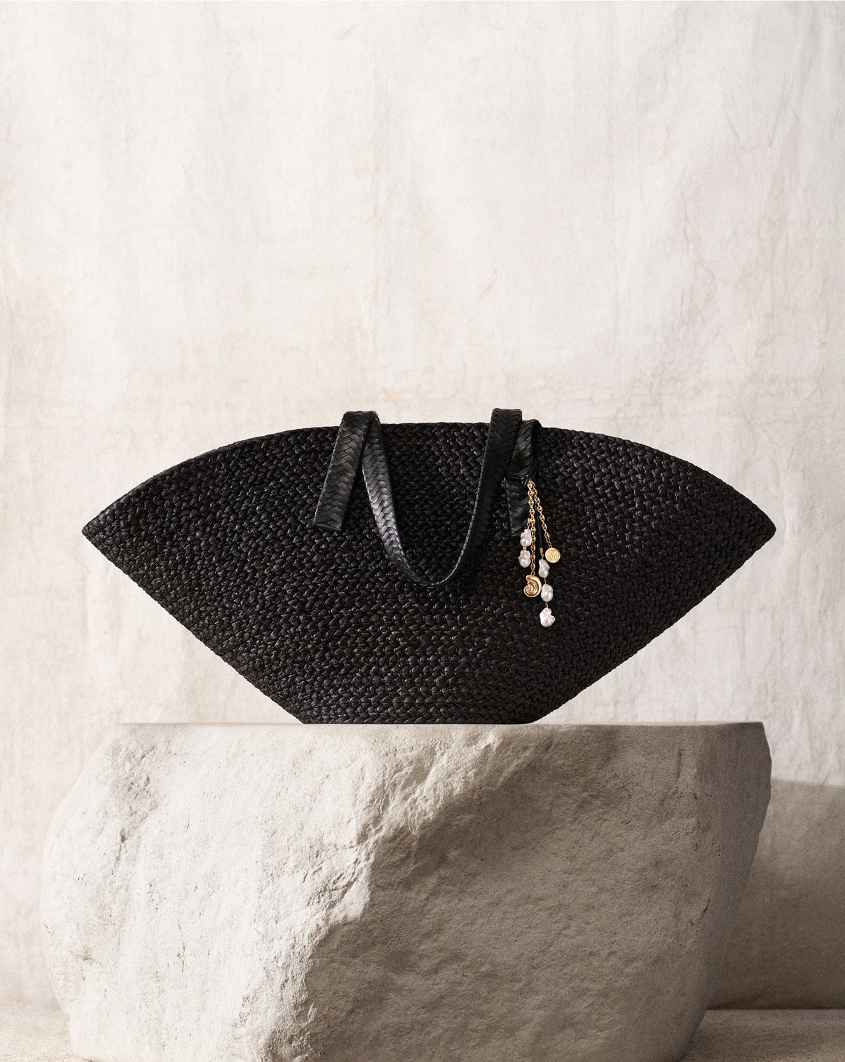 Cesta Collective Taco Tote in Black color featuring Ring Concierge bag charm with leather cord and 14k gold vermeil over 925 sterling silver and 5 freshwater pearls