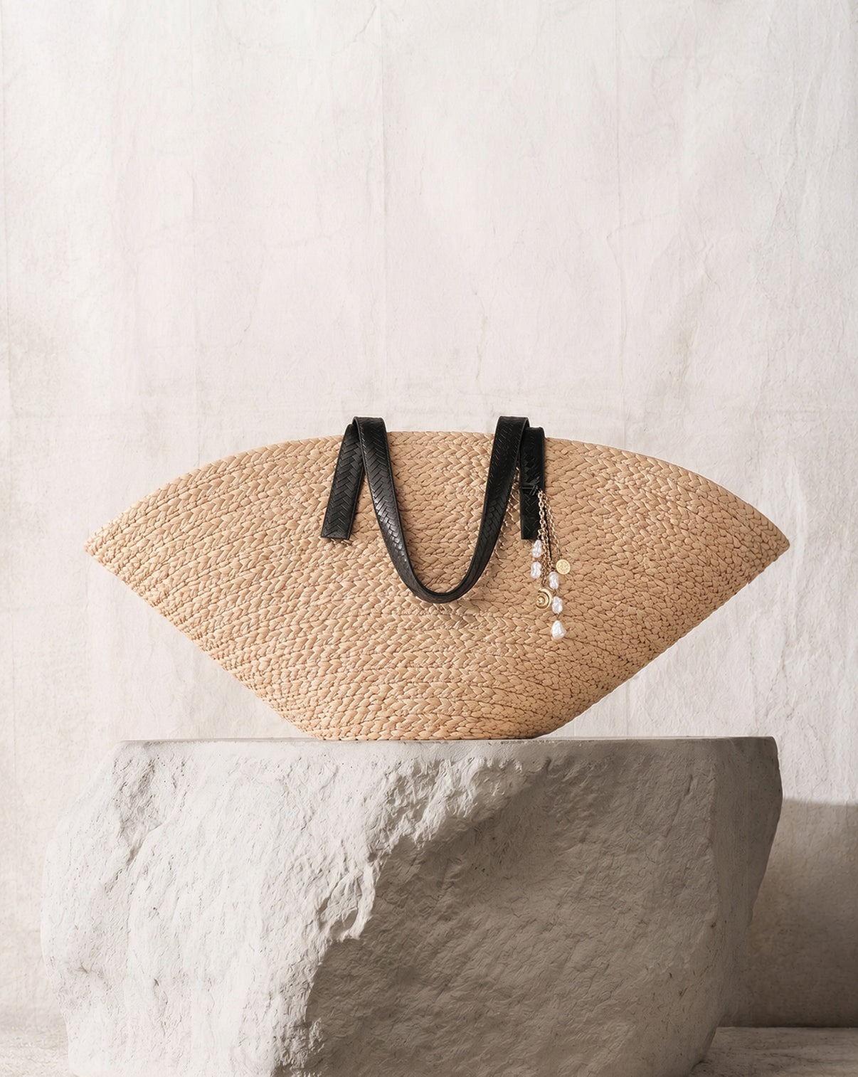 Cesta Collective Taco Tote in Natural/Black color featuring Ring Concierge bag charm with leather cord and 14k gold vermeil over 925 sterling silver and 5 freshwater pearls