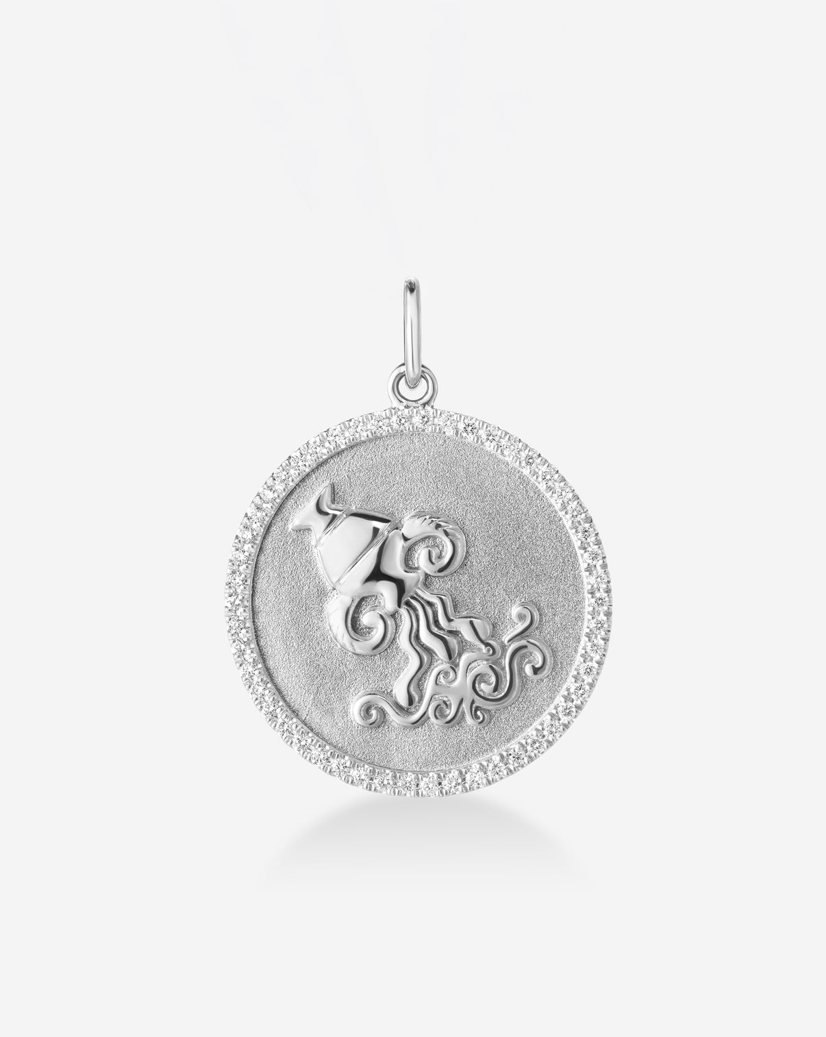 Ring Concierge medallion pendant in 14K White Gold featuring 50 round natural diamonds and the Aquarius Zodiac sign
