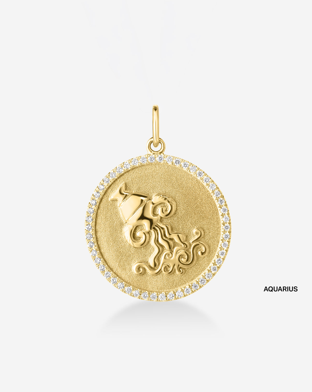 Medallion pendant featuring 50 round natural diamonds and the Aquarius Zodiac sign