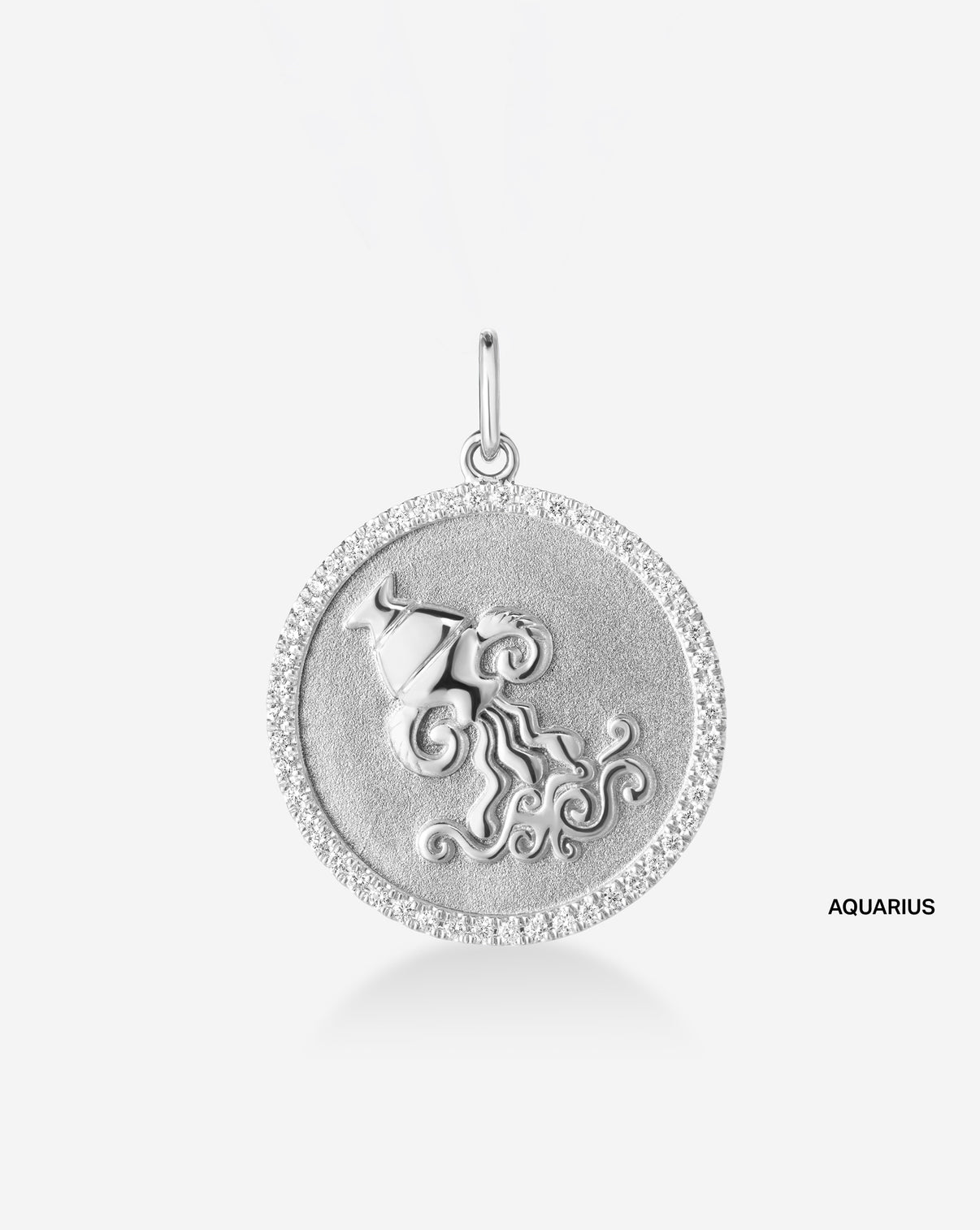 Medallion pendant featuring 50 round natural diamonds and the Aquarius Zodiac sign