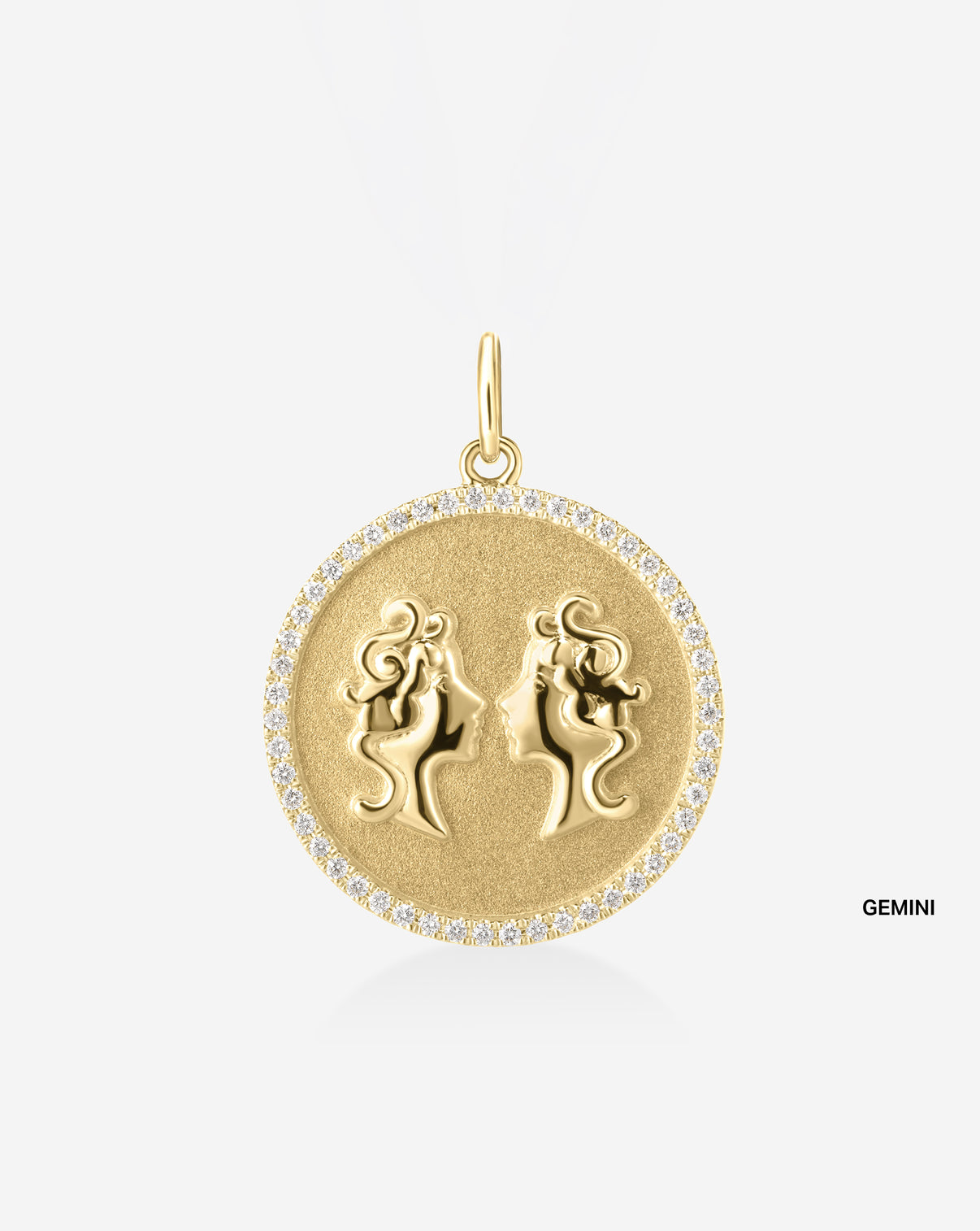 Medallion pendant featuring 50 round natural diamonds and the Gemini Zodiac sign