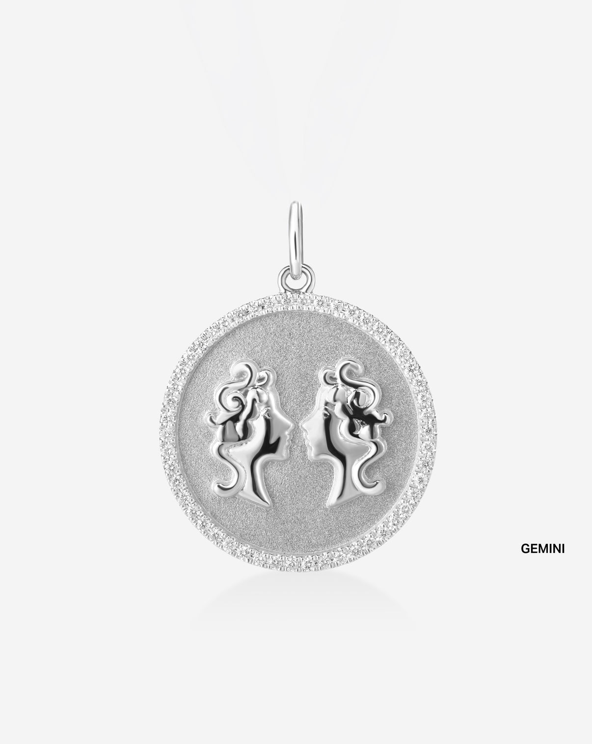 Medallion pendant featuring 50 round natural diamonds and the Gemini Zodiac sign