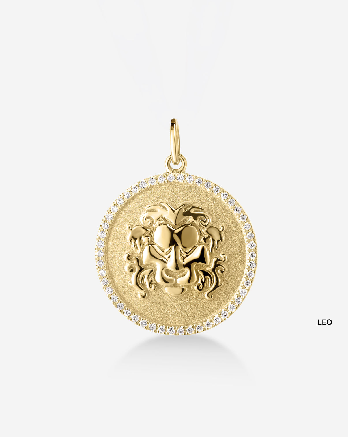 Medallion pendant featuring 50 round natural diamonds and the Leo Zodiac sign