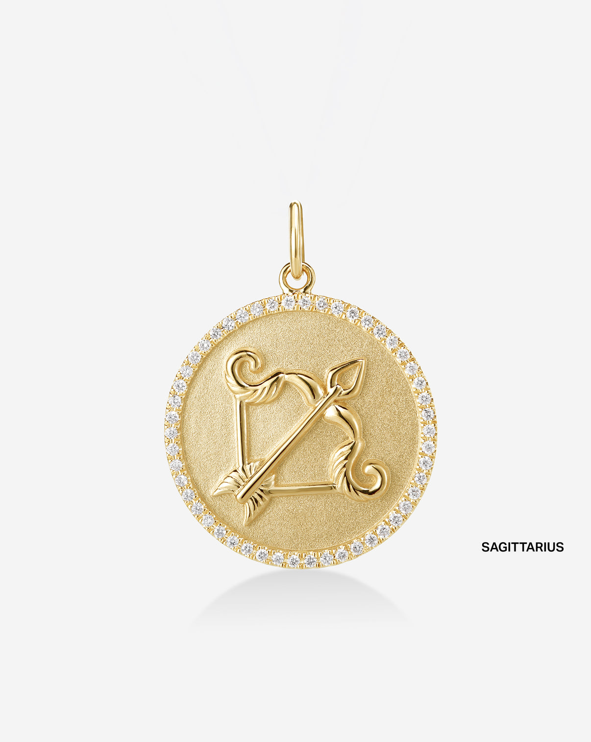 Medallion pendant featuring 50 round natural diamonds and the Sagittarius Zodiac sign