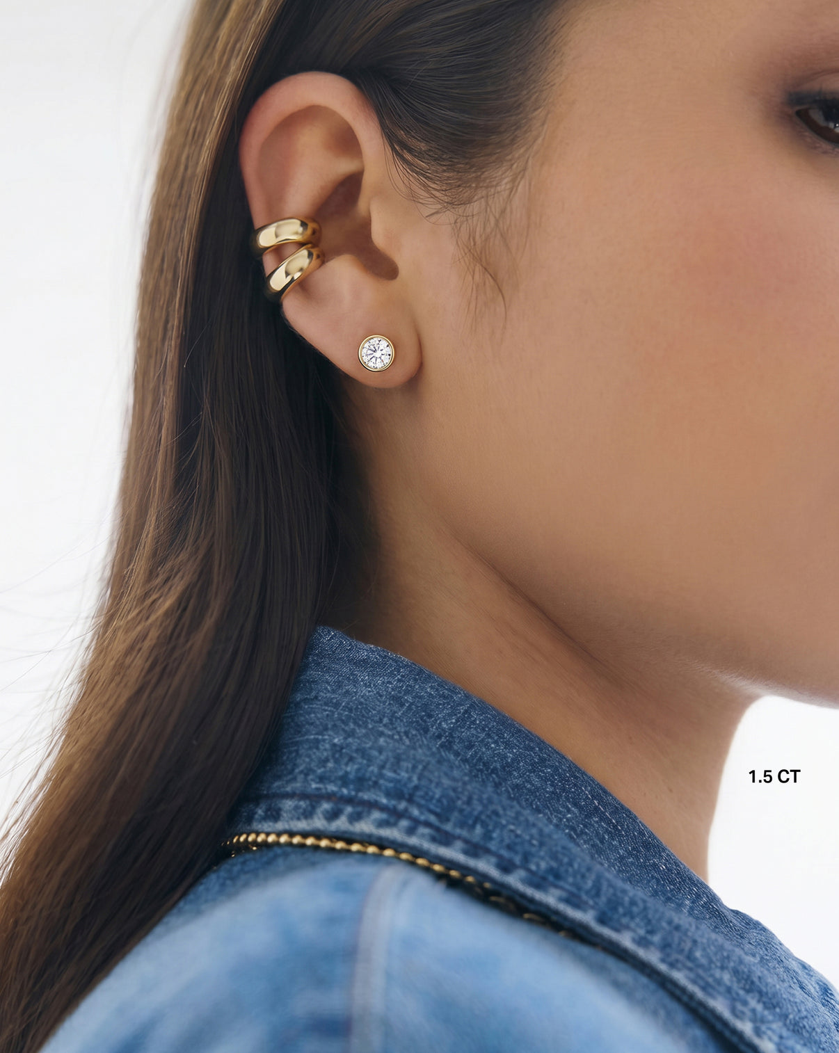 Lab Diamond Round Bezel Studs in 14K Gold style on model with gold ear cuffs 44003688022104