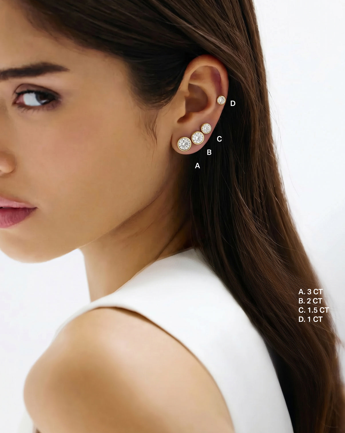 Bezel Round Lab Diamond Studs all sizes on ear GLOBAL