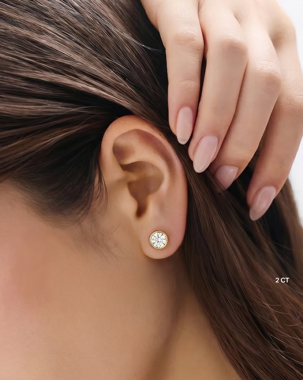 Lab Diamond Round Bezel Studs in 14K Gold on-model 44003689922648