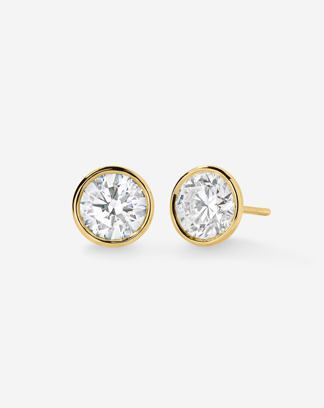 Lab Diamond Round Bezel Studs in 14K Gold against white background global