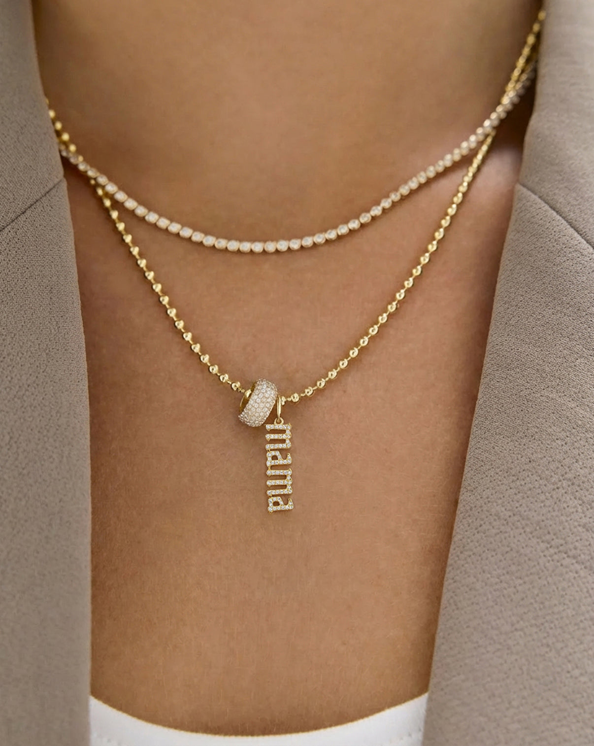 Diamond Mama Pendant on a bead chain necklace with an eternity bead add on