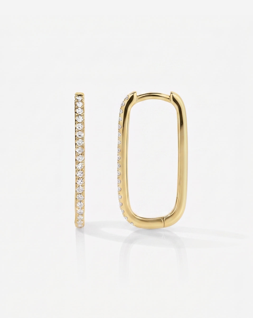14k yellow gold Diamond Rectangle Hoops against white background