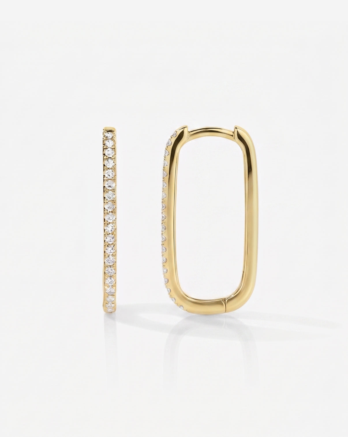 14k yellow gold Diamond Rectangle Hoops against white background