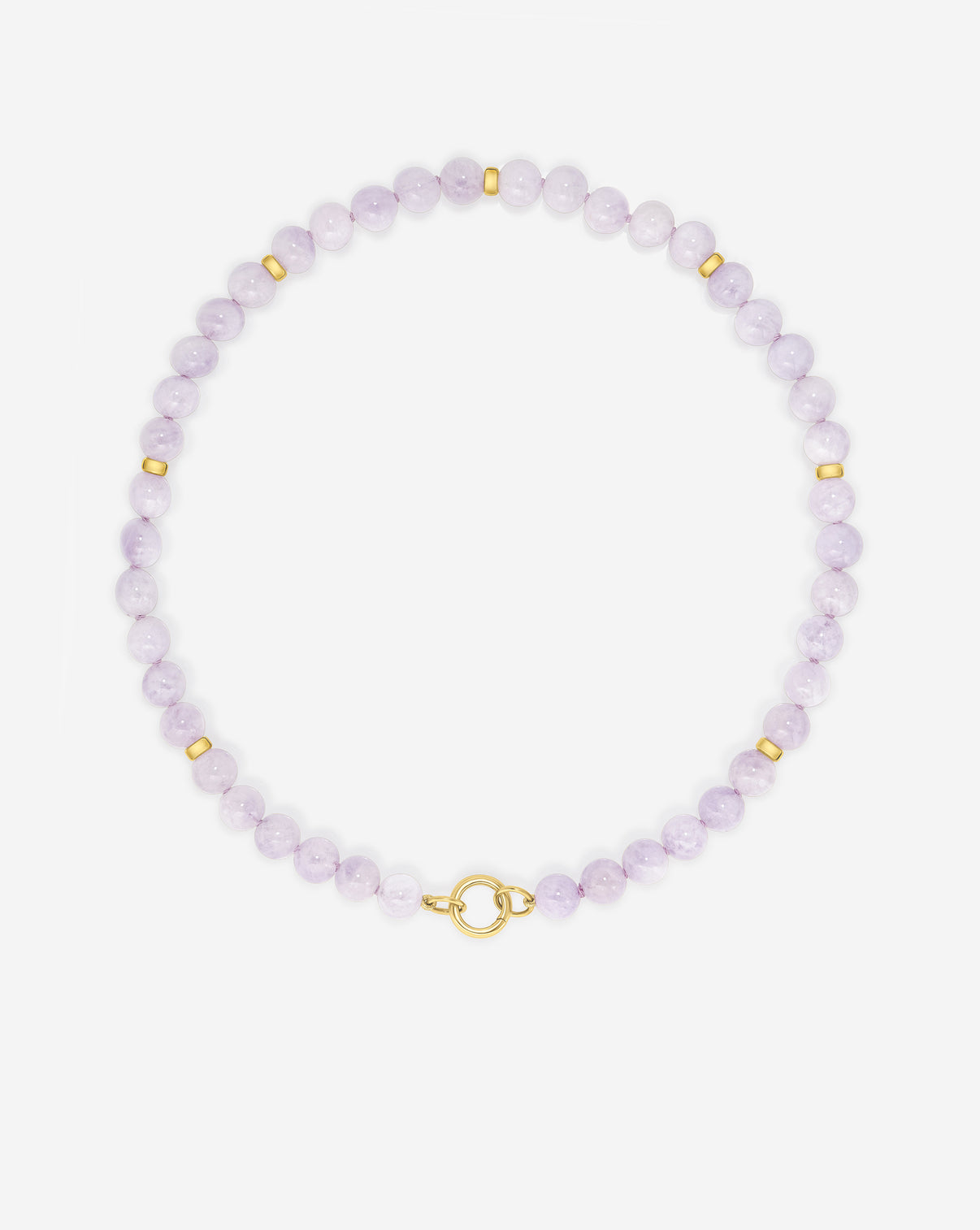 Overhead view of our Lavender Mist Necklace laying flat on a white surface