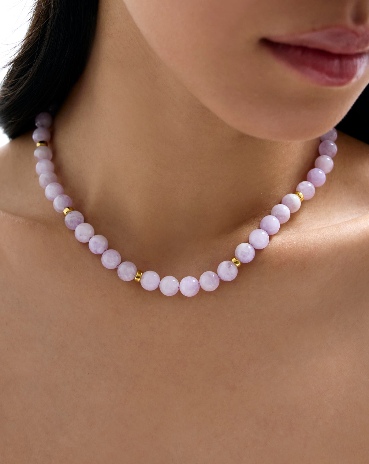 Close up of Lavender Mist Necklace worn by model