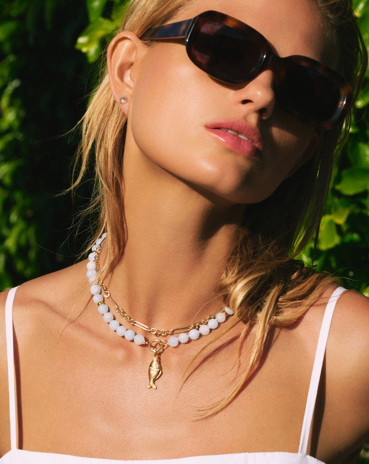 Model wearing our Capri Coast Necklace with our Golden Catch Pendant