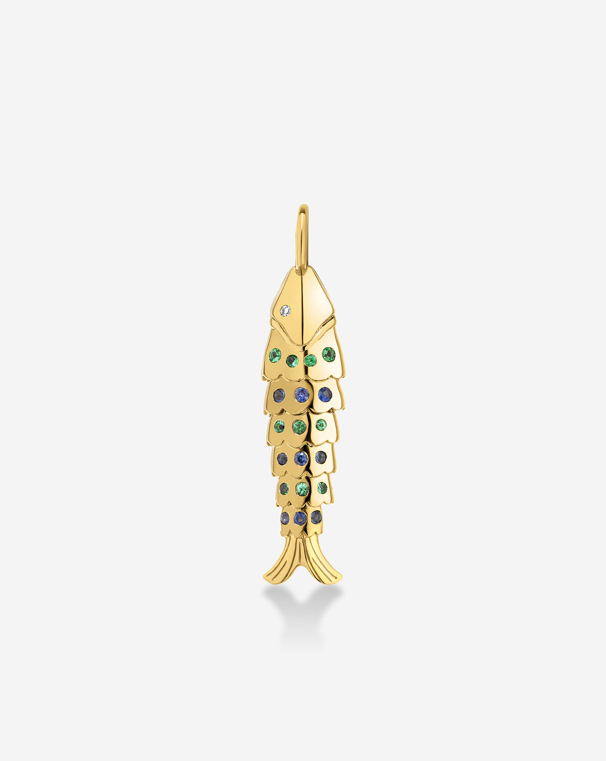 Lucky Catch Pendant in 14k solid gold with 1 round diamond, 10 round emeralds, and 9 round sapphires