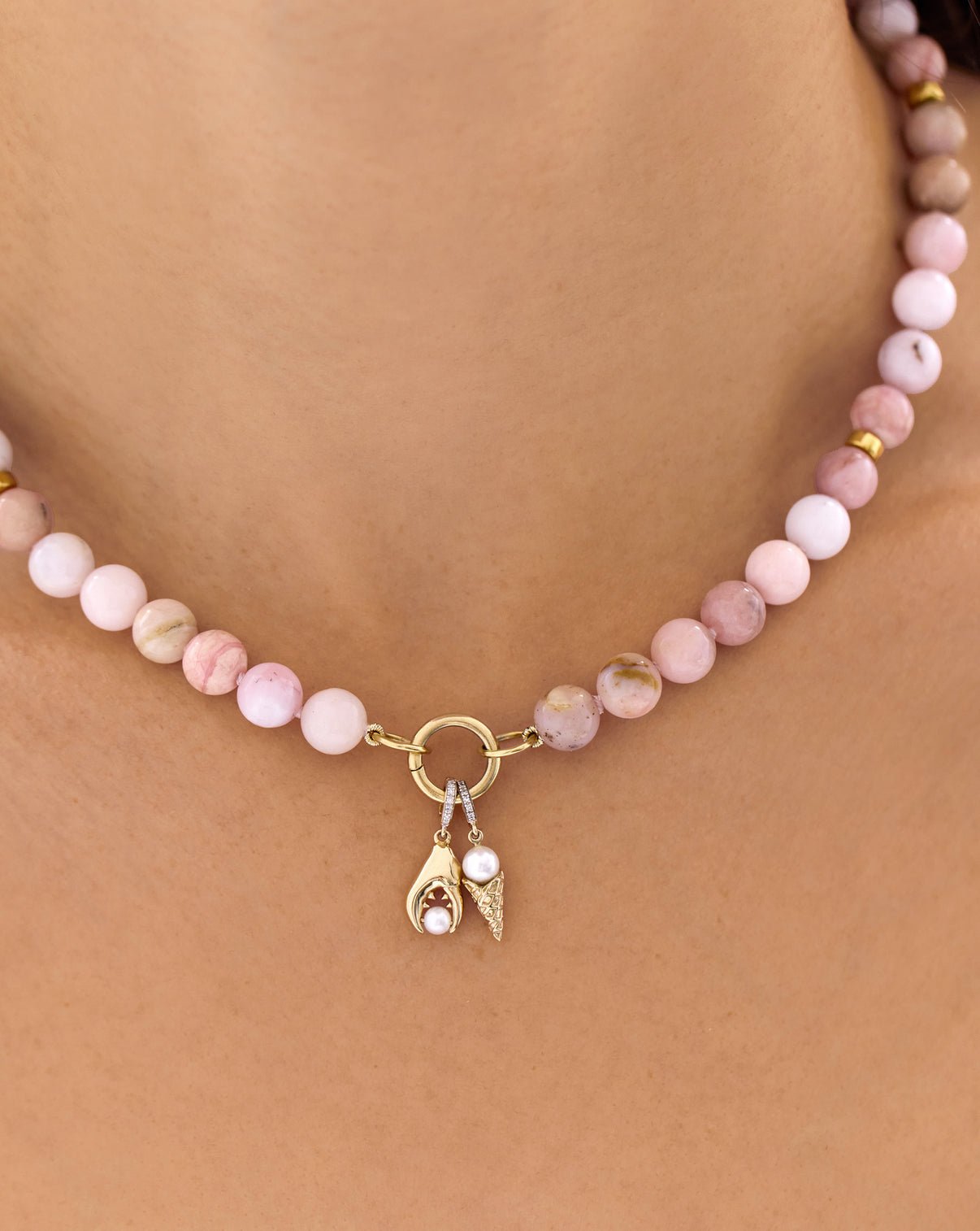 Pinch Me Pearl Charm and Gelato Charm on the Pink Paloma beaded necklace
