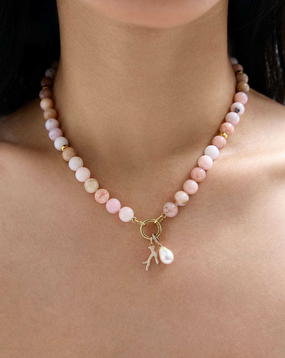 Pink Paloma Necklace with pendants worn by model