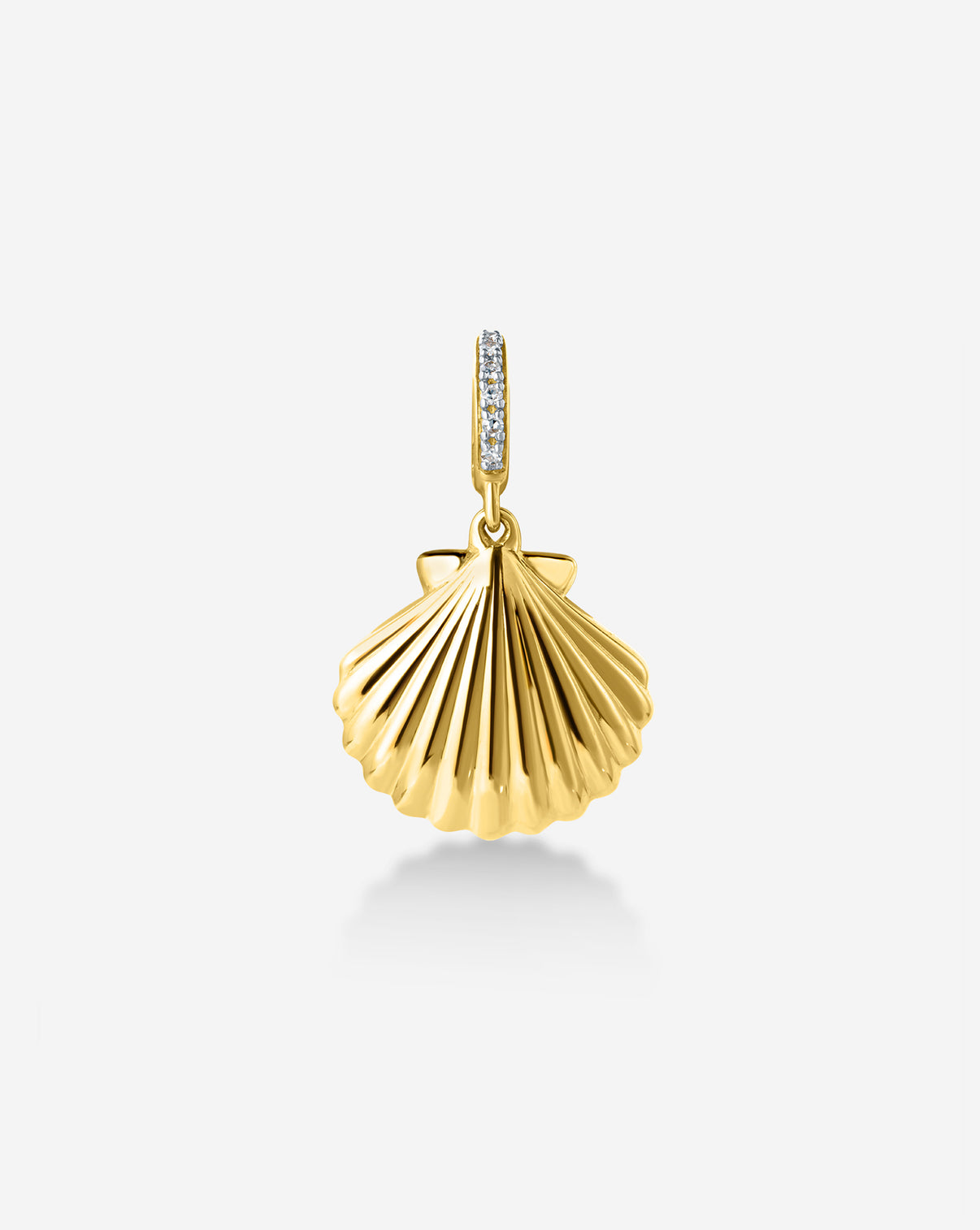 Gold Seashell Charm with detailed ridges and texture, shown on white background