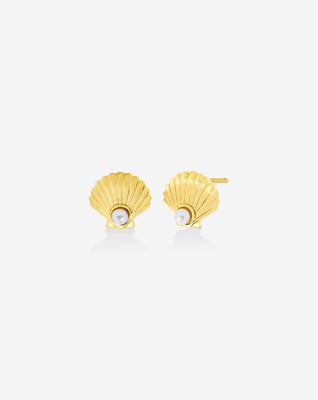 Seashell and Pearl Studs featuring delicate gold seashell design with freshwater pearl accent