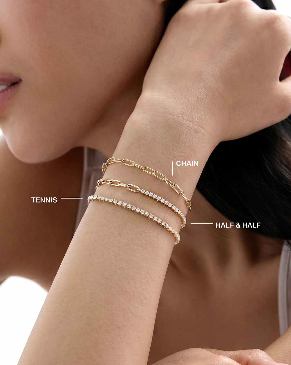 Image of model wearing our different styles a tennis and chain bracelets to show the differences between all three options